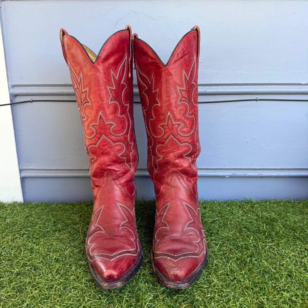 Vtg Corral Red Leather Western Cowboy Boots Womens Size 7 Snip Toe Embroidered